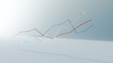 3d render of financial data rising graph growing, chart business growth on white Background,side view, Blue red