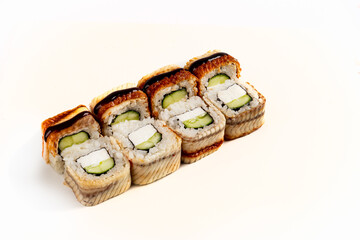 photo of sushi rolls on a white background