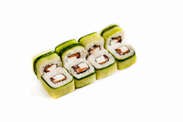 photo of sushi rolls on a white background