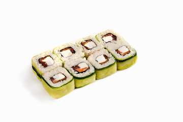 photo of sushi rolls on a white background