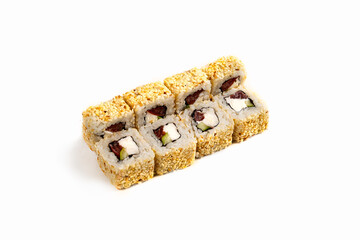 photo of sushi rolls on a white background
