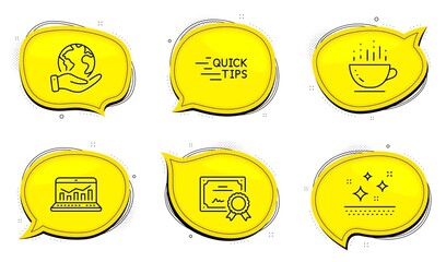 Web analytics sign. Diploma certificate, save planet chat bubbles. Clean skin, Coffee cup and Education line icons set. Face cream, Hot drink, Quick tips. Statistics. Business set. Vector