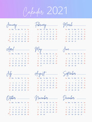 2021 calendar. Week starts on Sunday. Vector editable template. Vertical web, poster, banner, card