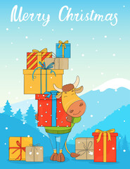 Cute bull on the background of a winter landscape with a bunch of gift boxes. Colorful vector illustration. Happy New Year 2021. Christmas card.