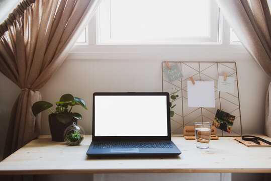 Modern minimalist workplace with laptop mockup with white empty screen on wooden desk with mood board with pined notes and photo, green plants at workspace under a window in home office room interior.