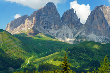 Mountain landscape along the road to Pordoi pass, Dolomites