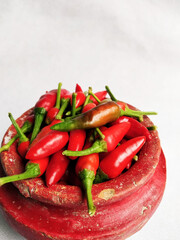 Red chilli in a Red colored crock (mud made pot) in a white background
