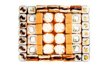 photo of sushi rolls on a white background