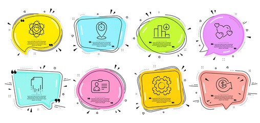 Seo gear, Decreasing graph and Timer signs. Speech bubbles with quotes. Id card, Dollar exchange and Heart line icons set. Atom, Recovery file symbols. Human document, Money refund. Vector