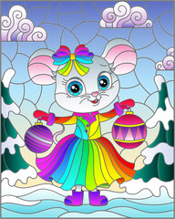 Illustration in a stained glass style with a cute cartoon mouse in a bright dress on the background of a winter landscape