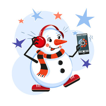 Snowman with headphones, listening to music and dancing. Cute character for decorating Christmas and new year cards. Vector illustration isolated on a white background.