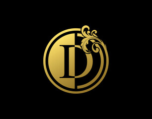 Luxury Circle D Letter Floral Logo. Vintage Gold D Swirl Logo Icon.
