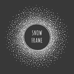 Circle shape round snow frame. Winter template made of spots, uneven dots, dot snowflakes, beads, splashes, spray. New Year, Christmas black and white abstract background with empty space for text.