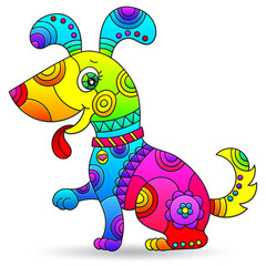 Illustration in stained glass style of a cartoon rainbow dog, isolated on a white background