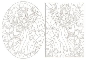 Fototapeta na wymiar Set of contour illustrations of stained glass Windows on the theme of winter holidayswith and angel girls, dark outlines on a white background