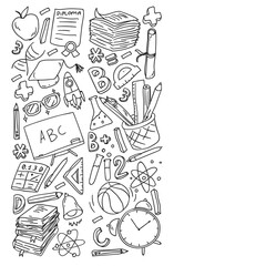 Obraz premium Back to School vector doodle set. Supplies for sport, art, reading, science, geography, biology, physics, mathematics, astronomy, chemistry.