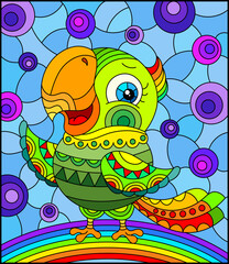 Illustration in stained glass style with abstract cute bright parakeet on a sky background with rainbow 