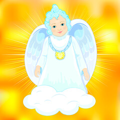 Religion. In the clouds-an angel child with blue curls and wings . Baby face. Isolated, Golden. vector