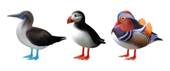 Obraz premium Set of birds isolated on a white background. Сollection macro icons. Blue footed booby, mandarin duck and atlantic puffin in realistic style. Vector illustration 3D. Design element. Stock.