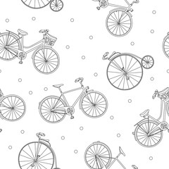 Seamless pattern with different bikes. Monochrome vector illustration in sketch style. Black outline on a white background. Hand-drawn.