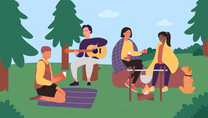 Obraz na płótnie Canvas People on picnic camp flat vector illustration. Cartoon happy young friend characters sitting by campfire, cooking food and having fun time together, picnic party adventure in summer forest background