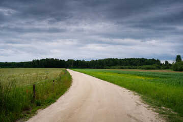 Dirt road in rural fields and meadows area turns left. Cloudy dark sky. Hiking trail in Polesie National Park, Poland, Europe.