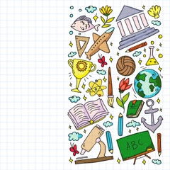 Imagination and creativity icons. School. Reading, chemistry, online education.