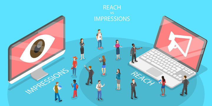 3D Isometric Flat Vector Conceptual Illustration of Reach vs Impression, Total Number of People Who See Content vs. Number of Times Content is Displayed, Digital Marketing Terms and Definitions.
