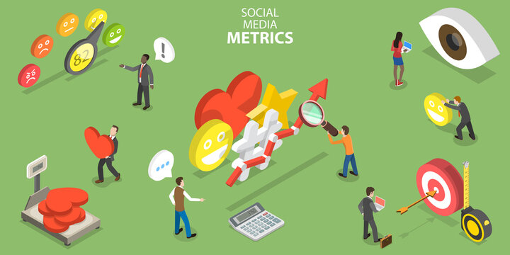 3D Isometric Flat Vector Conceptual Illustration of Social Media Metrics, SM Analytics Tools and Approaches, Digital Marketing Terms and Definitions.