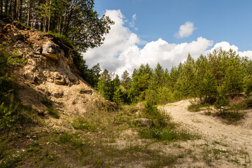 Landscape of former open-pit limestone quarry area. Sunny day.