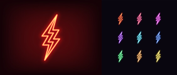 Neon lightning icon. Glowing neon thunderbolt sign, electrical storm