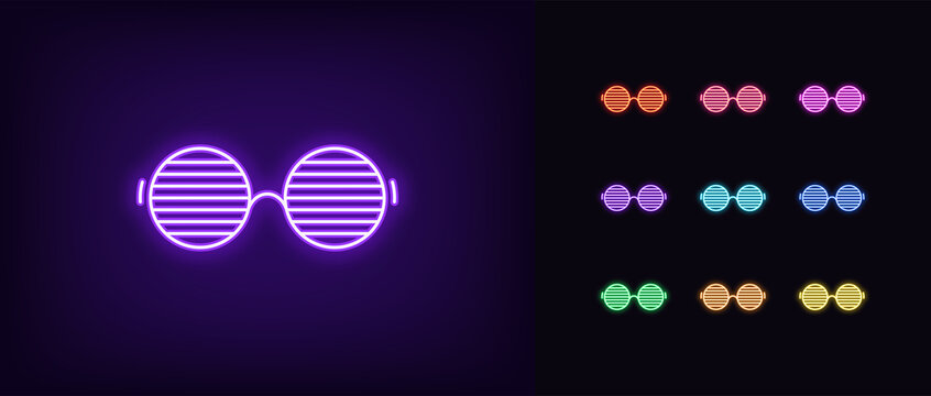 Neon Men Glasses Icon. Glowing Neon Sunglasses With Round Shapes, Vivid Eyewear