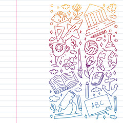 Imagination and creativity icons. School. Reading, chemistry, online education.