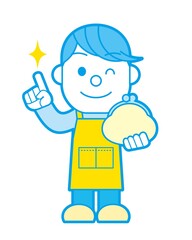 財布と笑顔のエプロン姿の男性 シンプルカラー