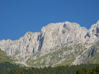 Wonderful landscape at Presolana mountain range with a blue sky in summer. Orobie. Italian alps, Bergamo, Italy