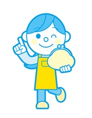 財布と笑顔のエプロン姿の女性 シンプルカラー