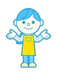 両手を広げるエプロン姿の女性 シンプルカラー