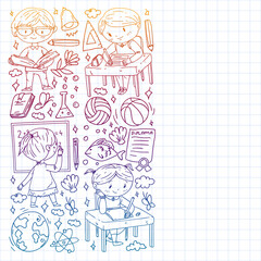 Back to school. Children online education. Chemistry and biology. Geography and physics. Creativity and imagination. E-learning icons.