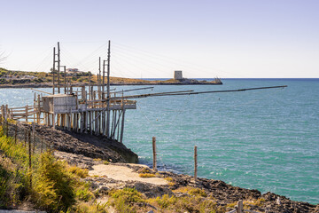 Obraz premium Trabucco of Furcichella, Characteristic wooden fishing house on the adriatic coast of Italy, Peschici, Gargano