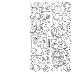 Back to school. Children online education. Chemistry and biology. Geography and physics. Creativity and imagination. E-learning icons.