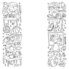 Back to school. Children online education. Chemistry and biology. Geography and physics. Creativity and imagination. E-learning icons.