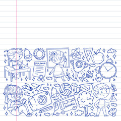 Back to school. Children online education. Chemistry and biology. Geography and physics. Creativity and imagination. E-learning icons.