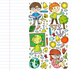 Back to school. Children online education. Chemistry and biology. Geography and physics. Creativity and imagination. E-learning icons.