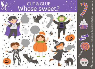Vector Halloween cut and glue activity. Autumn educational crafting game with cute children in scary costumes and trick or treat sweets. Fun activity for kids. What’s missing in the picture?.