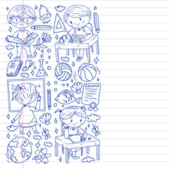 Back to school. Children online education. Chemistry and biology. Geography and physics. Creativity and imagination. E-learning icons.