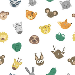Vector seamless pattern with animal faces. Background with tropical and forest characters. Digital paper with emoji stickers. Heads with funny expressions texture.