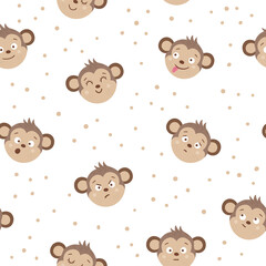 Vector monkey faces with different emotions. Set of animal emoji stickers. Heads with funny expressions isolated on white background. Cute avatars collection.