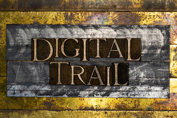 Digital Trail text formed by real authentic typeset letters on vintage textured grunge copper and gold background