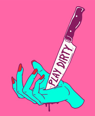 Funny and spooky "play dirty" knife stab in to lady hand cartoon art symbol, flat - simple bright pastel color illustration