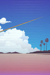 Beach / mountain landscape and rainbow across the sky background template with light scanline effect, nostalgic 80s -90s style inspiration retro summer vibe illustration